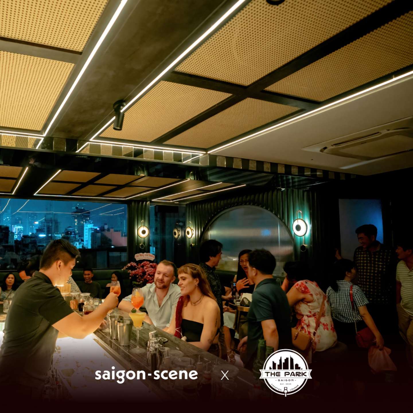 Friends out for the evening on the terrace at The Park, Saigon